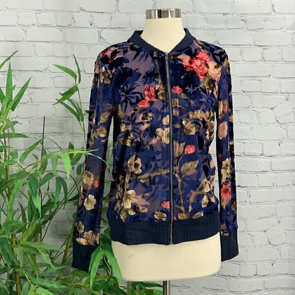 Mystree Navy Blue w/ Floral Velvet Bomber Jacket - Picture 8 of 8